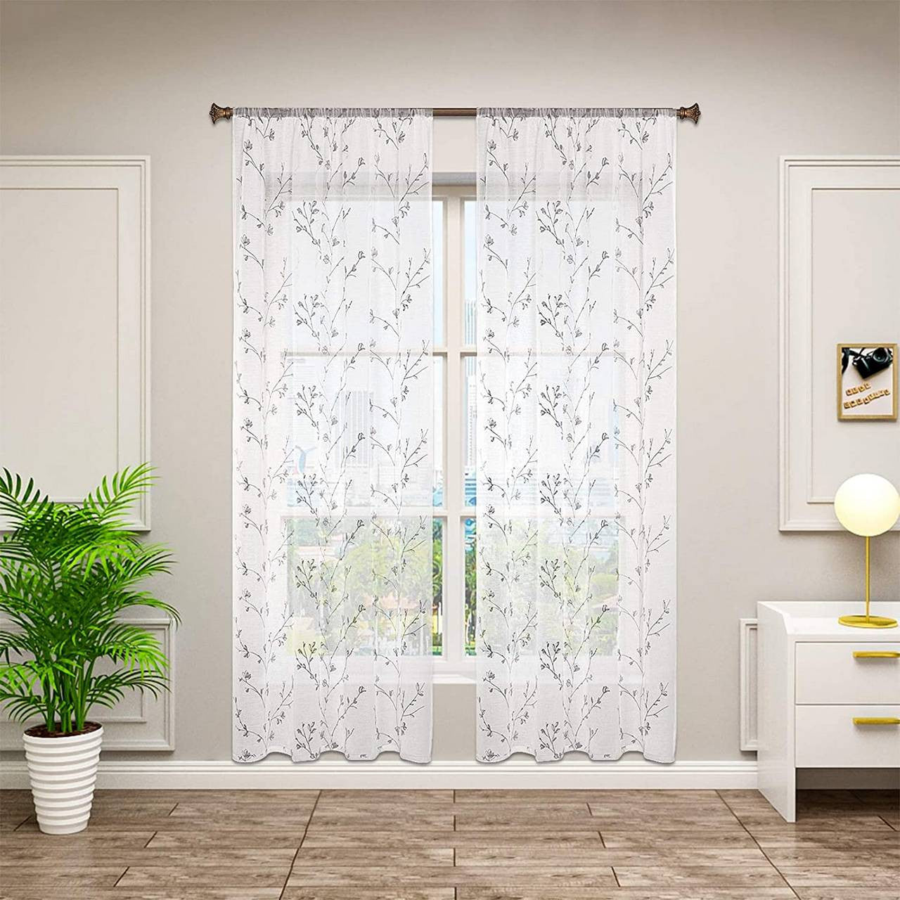 24goodz Transparent Floral Embroidered Curtains with Ruffle Tape - Elegant and Stylish Design - 100% Polyester - For Every Room - Grey 140x245 cm