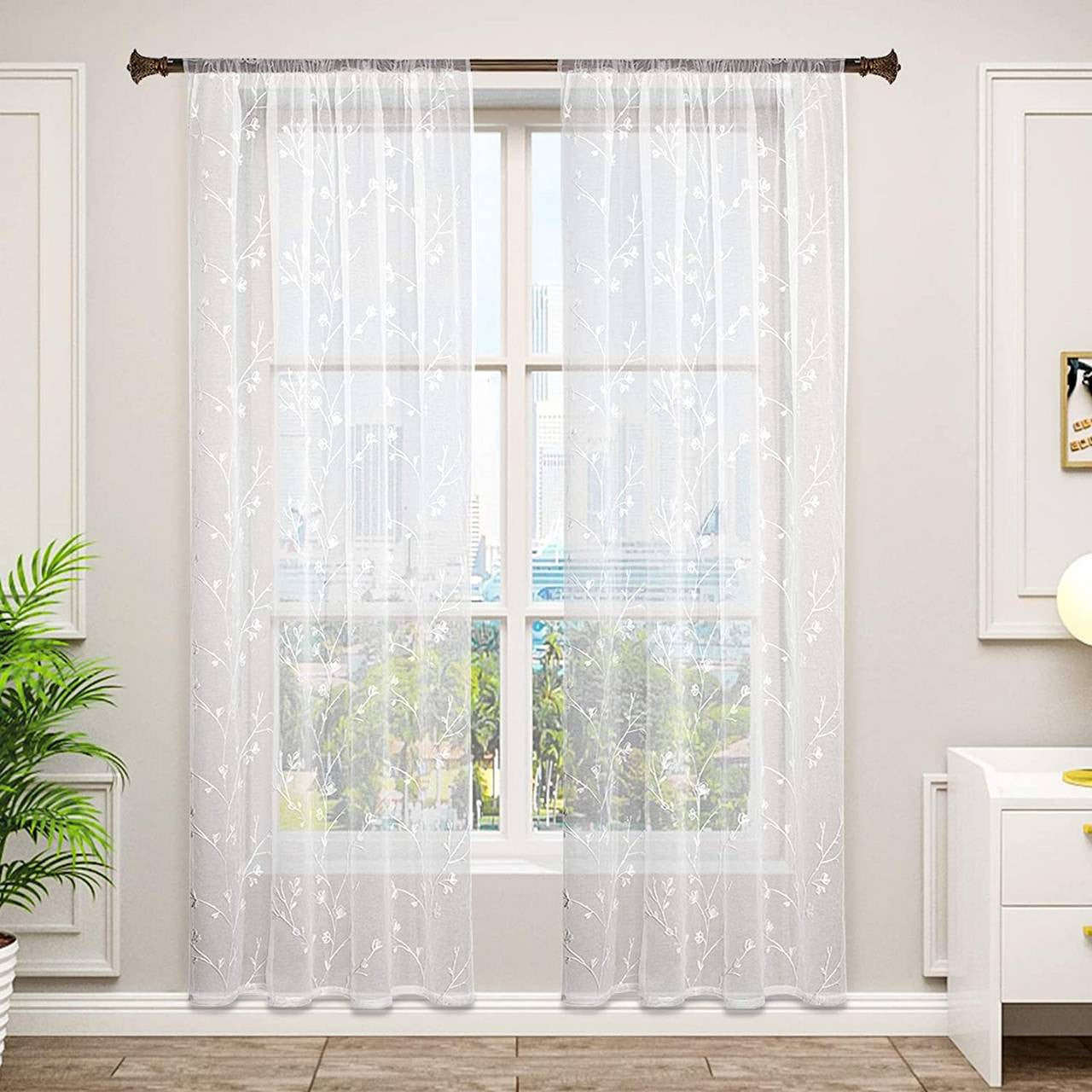 24goodz Sheer Floral Embroidered Curtains with Ruffle Tape - Elegant Sun Protection - 100% Polyester - For Every Room - White 140x175 cm - ws