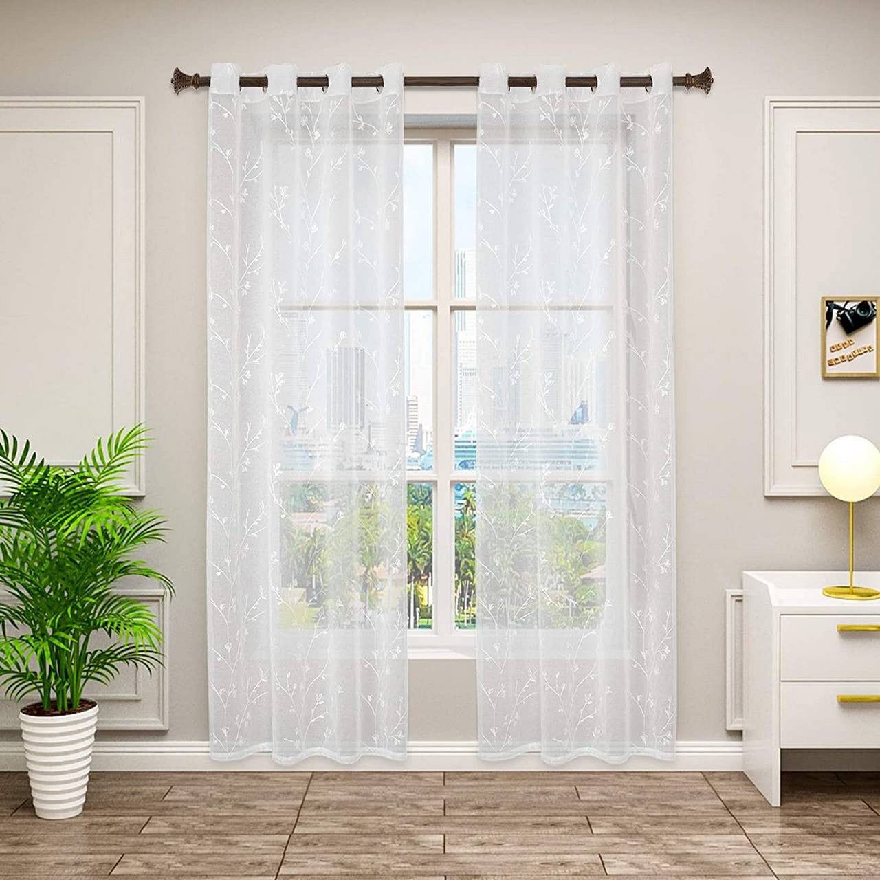 24goodz Transparent Floral Embroidered Curtains - Elegant Style - Privacy Protection - 100% Polyester - White/Beige - 140 x 175 cm - ws
