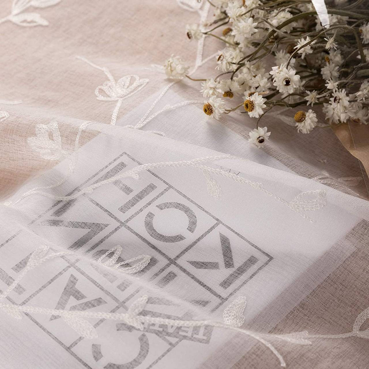24goodz Transparent Floral Embroidered Curtains - Elegant Style - Privacy Protection - 100% Polyester - White/Beige - 140 x 175 cm - ws