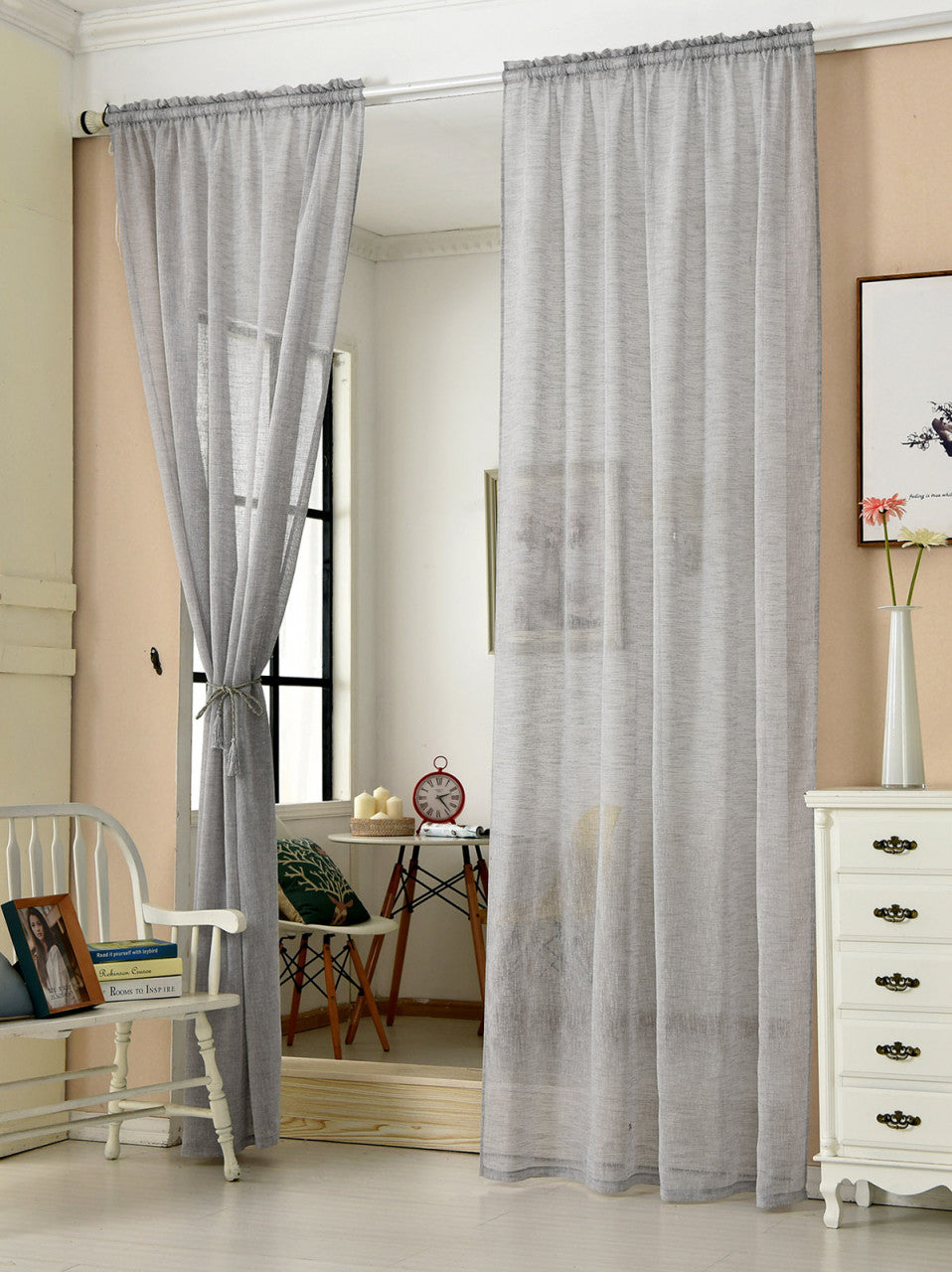 24goodz Transparent Curtains with Ruffles - Durable Linen Look - 100% Polyester - For Home Decor - Light Grey 140x245 cm - hgr