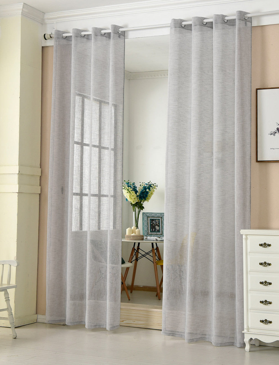 24goodz Transparent Curtain with Eyelets - Durable Linen Look - 100% Polyester - For Home Decor - Light Grey 140x245 cm - hgr