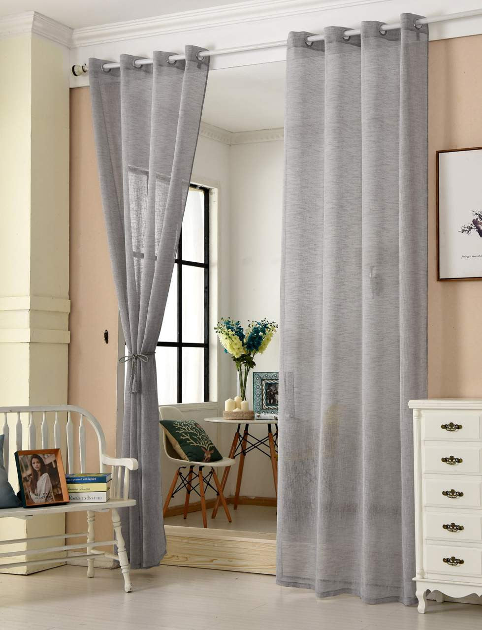 24goodz Transparent Curtain with Eyelets - Elegant Linen Look - 100% Polyester - For Living Room and Bedroom - Dark Grey 140x245 cm - dgr