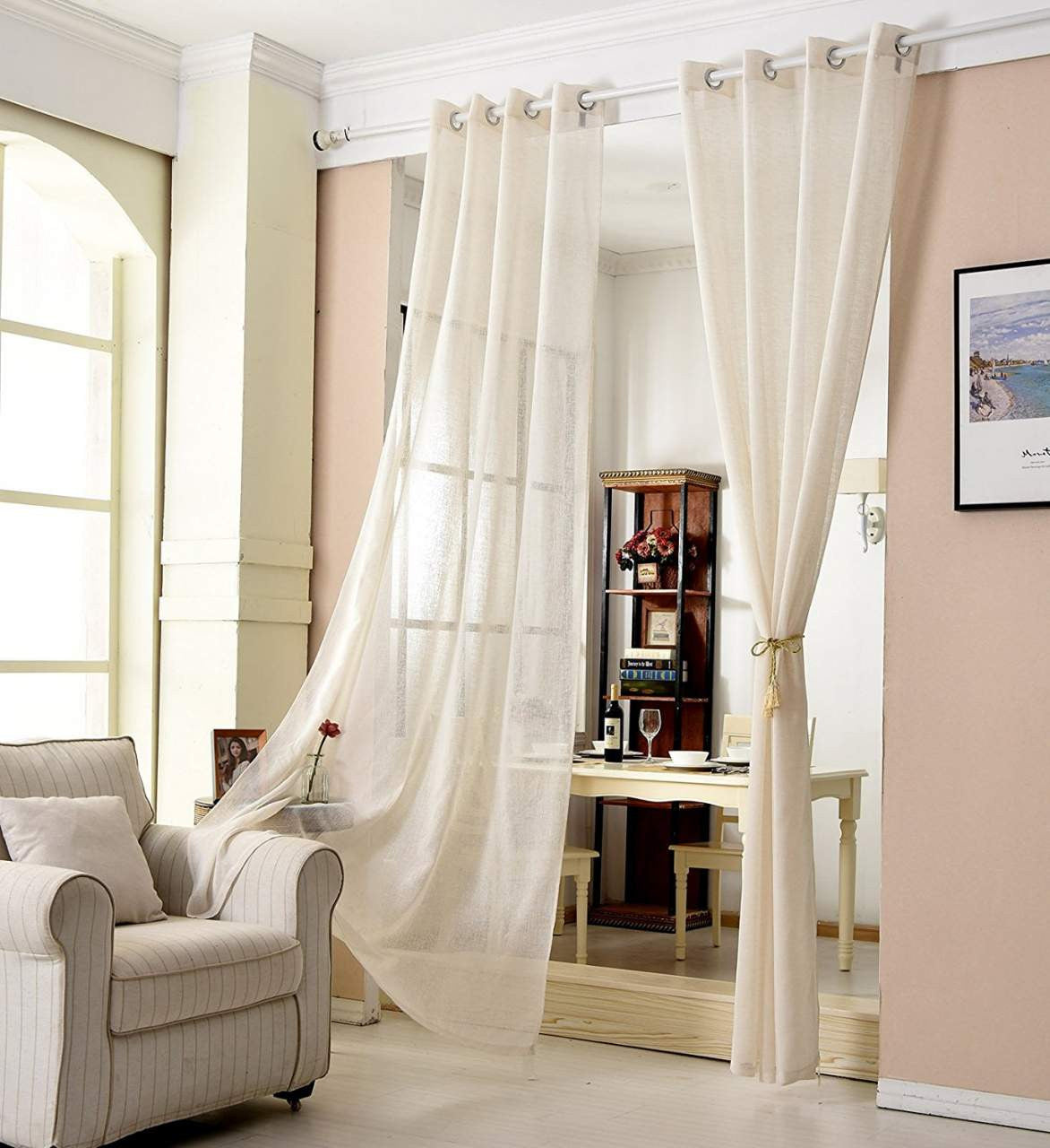 24goodz Transparent Linen Look Curtain - Light Filtering Design - 100% Polyester - For Living Room and Bedroom - Cream 140x225 cm