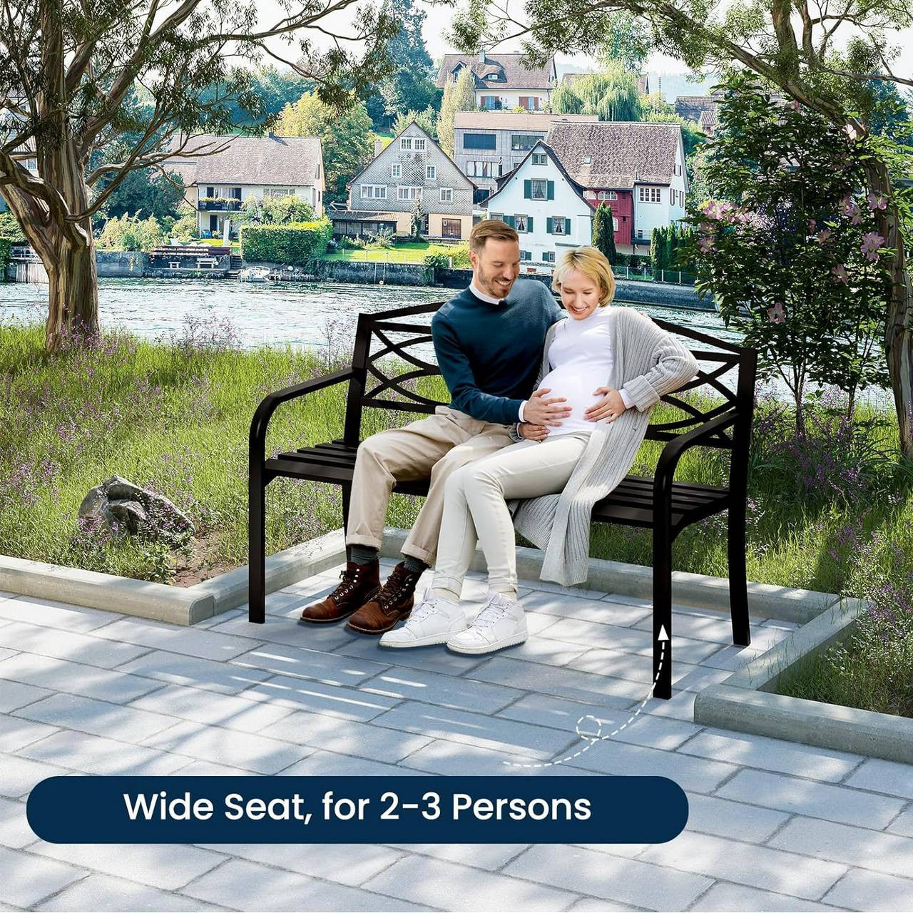 24goodz Metal Garden Bench - Ergonomic Comfort - Durable & Weatherproof - Metal - For 2 to 3 People - Black