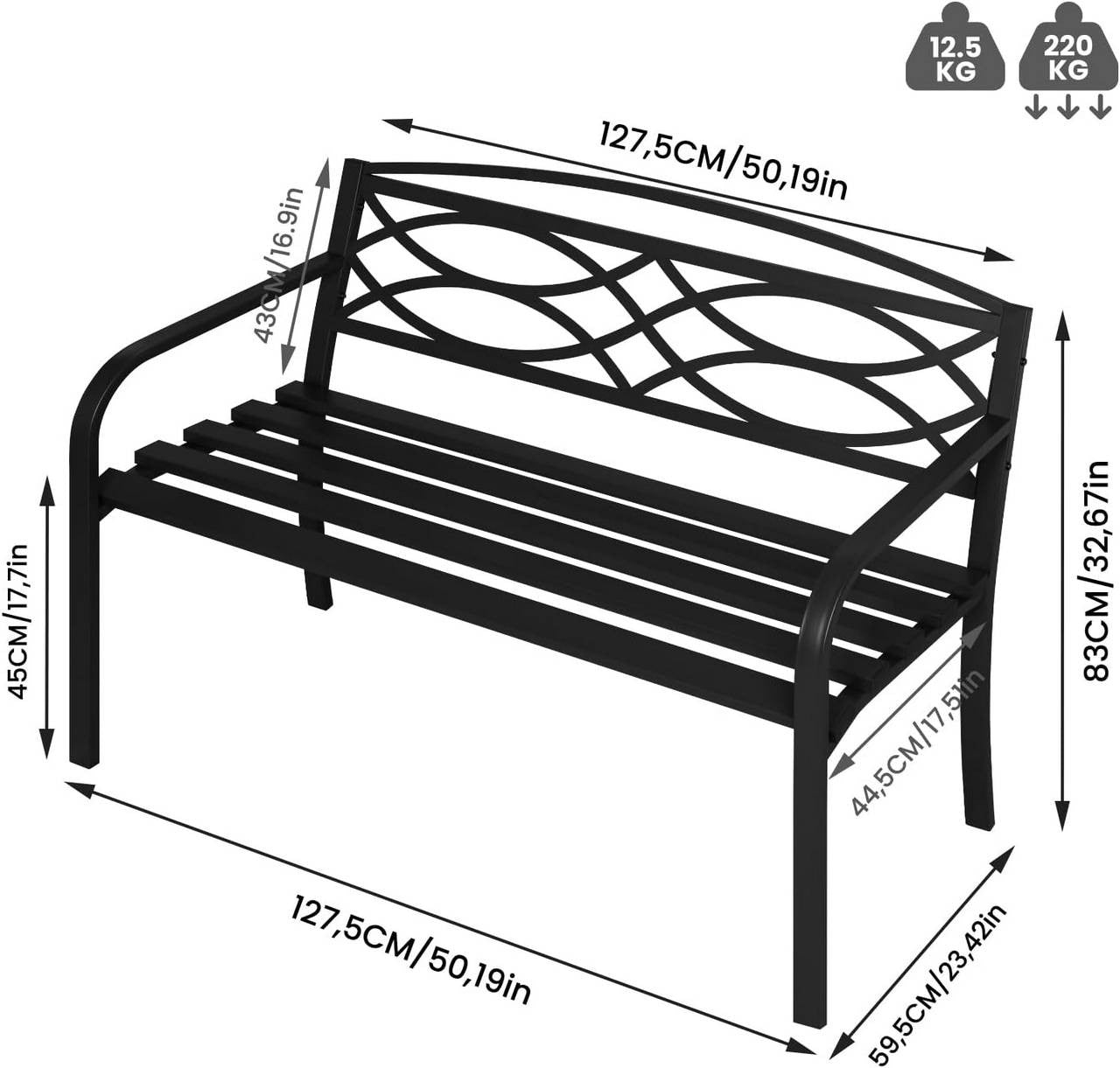 24goodz Metal Garden Bench - Ergonomic Comfort - Durable & Weatherproof - Metal - For 2 to 3 People - Black