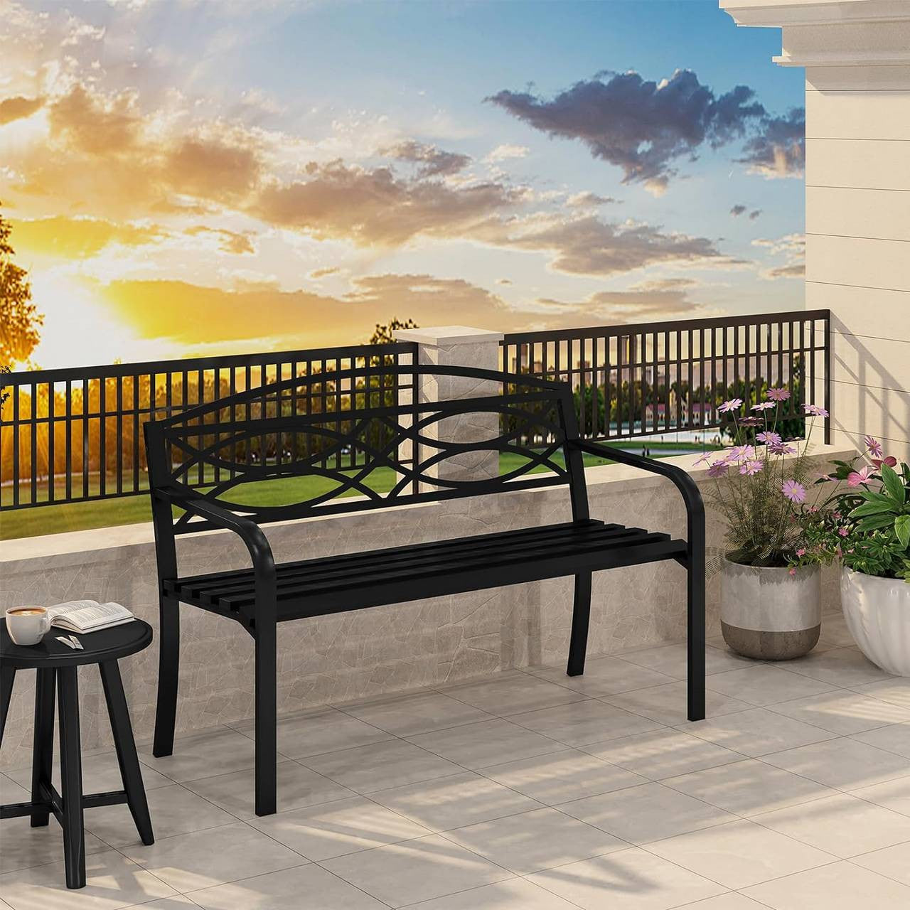 24goodz Metal Garden Bench - Ergonomic Comfort - Durable & Weatherproof - Metal - For 2 to 3 People - Black