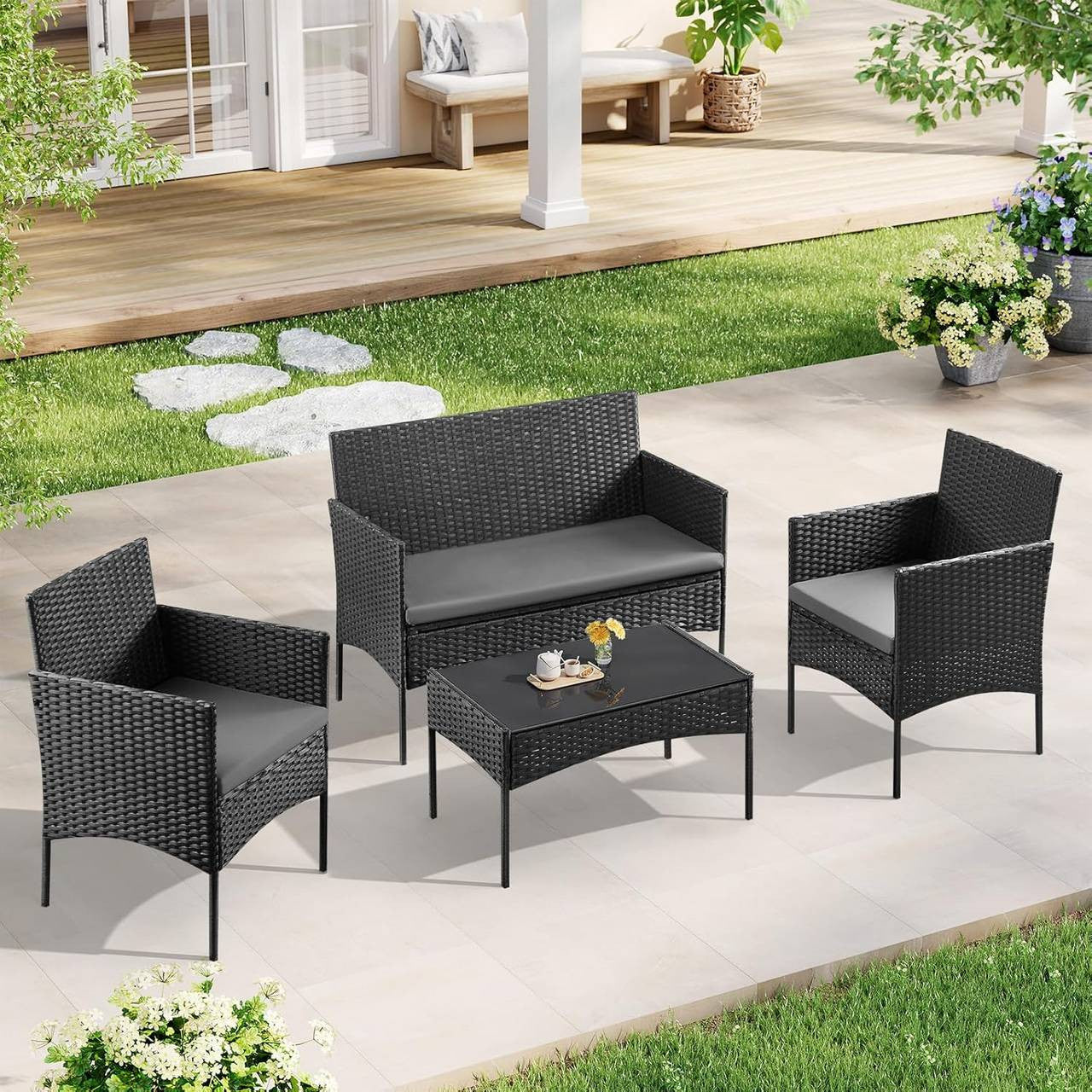 24goodz Outdoor Furniture Set for 4 People - Durable & Weather-Resistant - PE Rattan - For Outdoor Lovers - Black