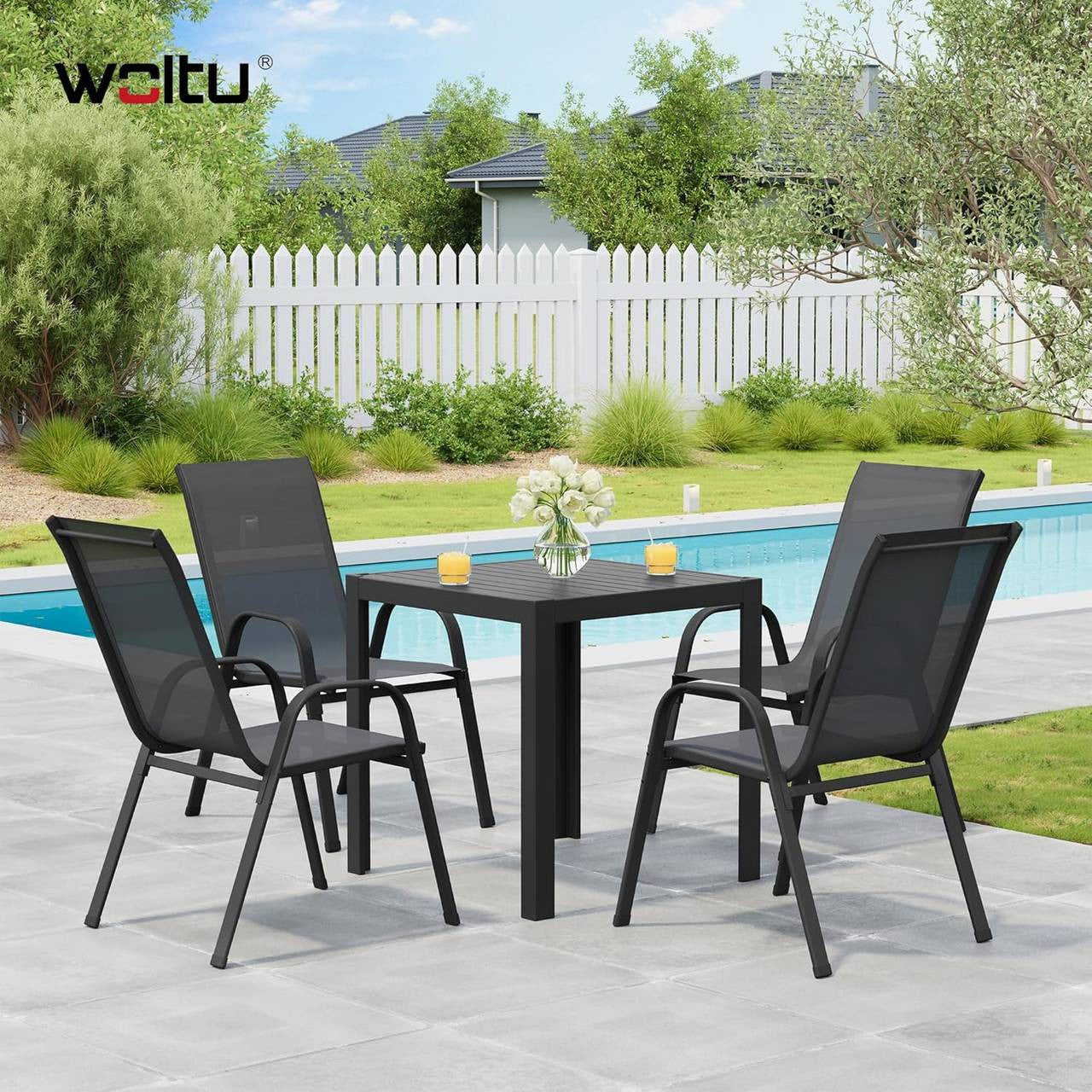 24goodz Stackable Garden Chairs - Ergonomic Comfort - Durable Teslin Material - Dark Grey - For Outdoor Relaxation