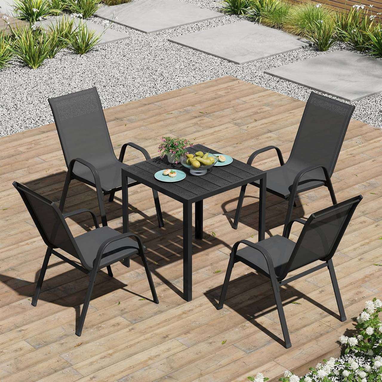 24goodz Stackable Garden Chairs - Ergonomic Comfort - Durable Teslin Material - Dark Grey