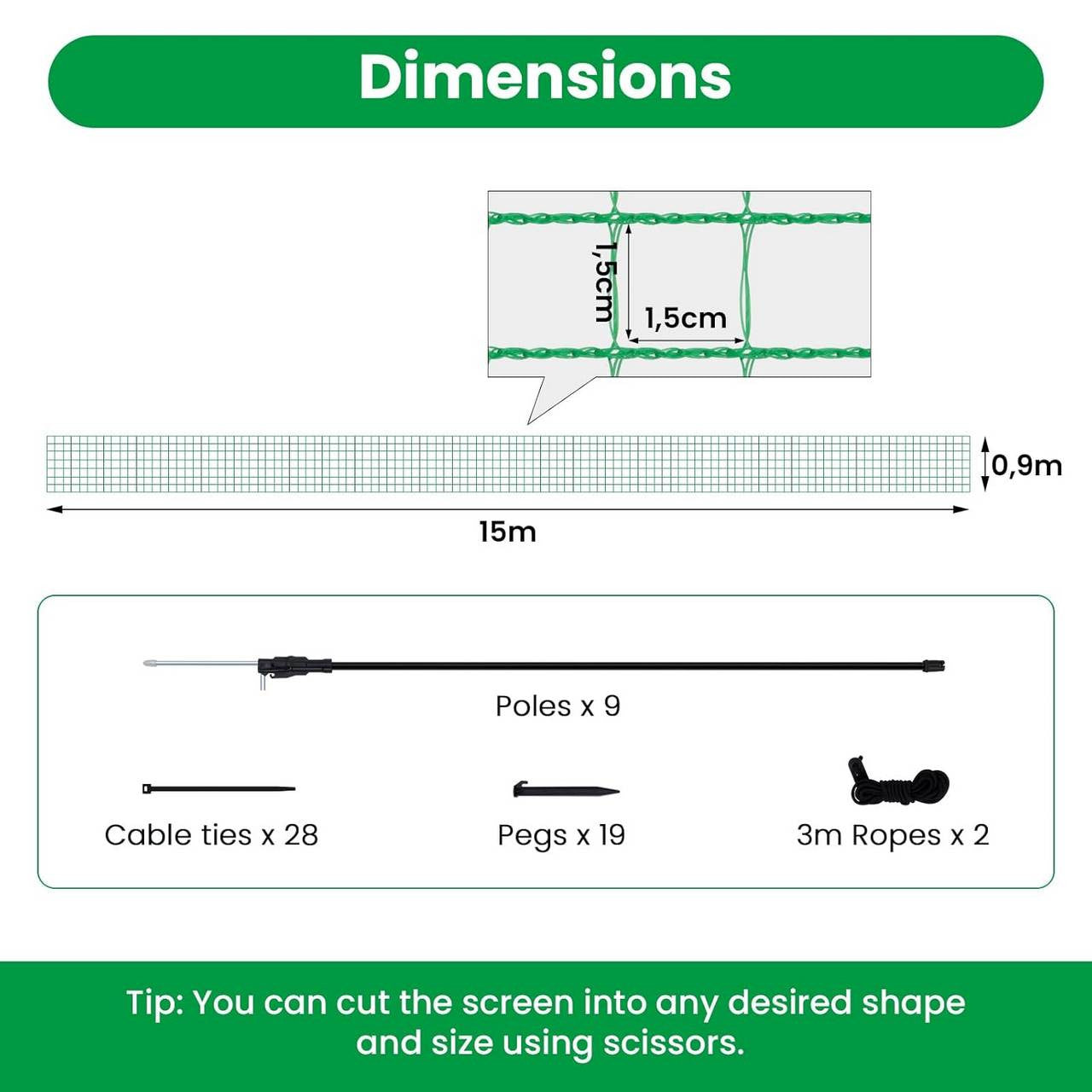 24goodz Garden Fence - Durable and Weather-Resistant - 53 g/m² PE - Green - 15x0.9 m