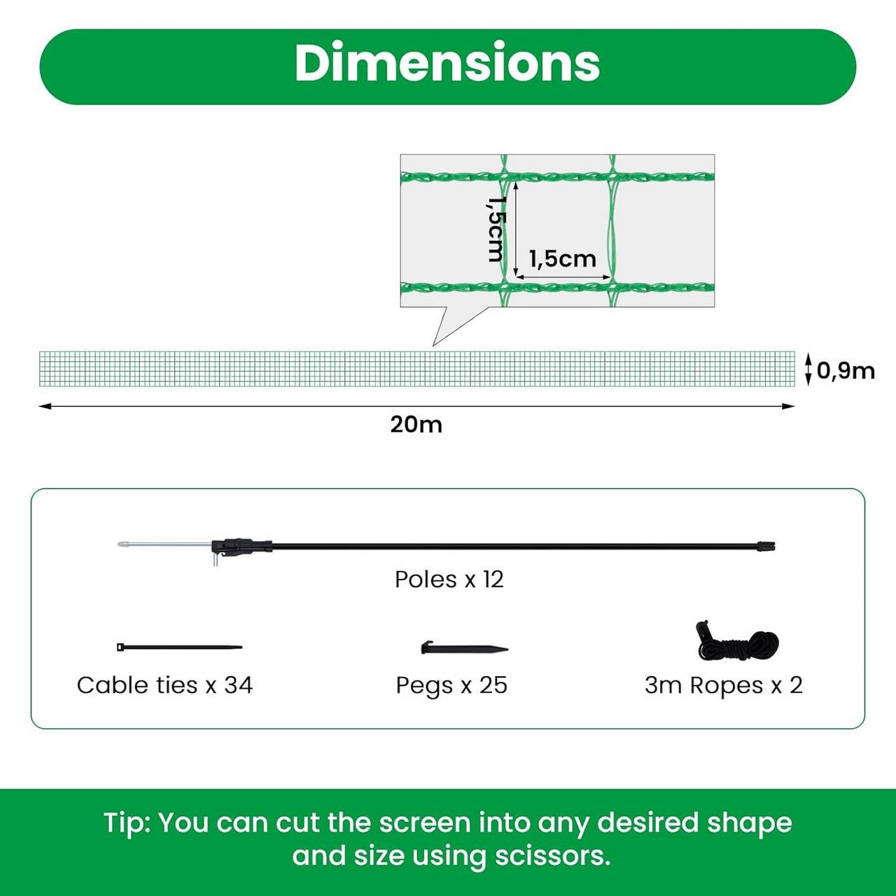 24goodz Garden Fence - Durable and Weather-Resistant - 53 g/m² PE - Green - 20 x 0.9 m