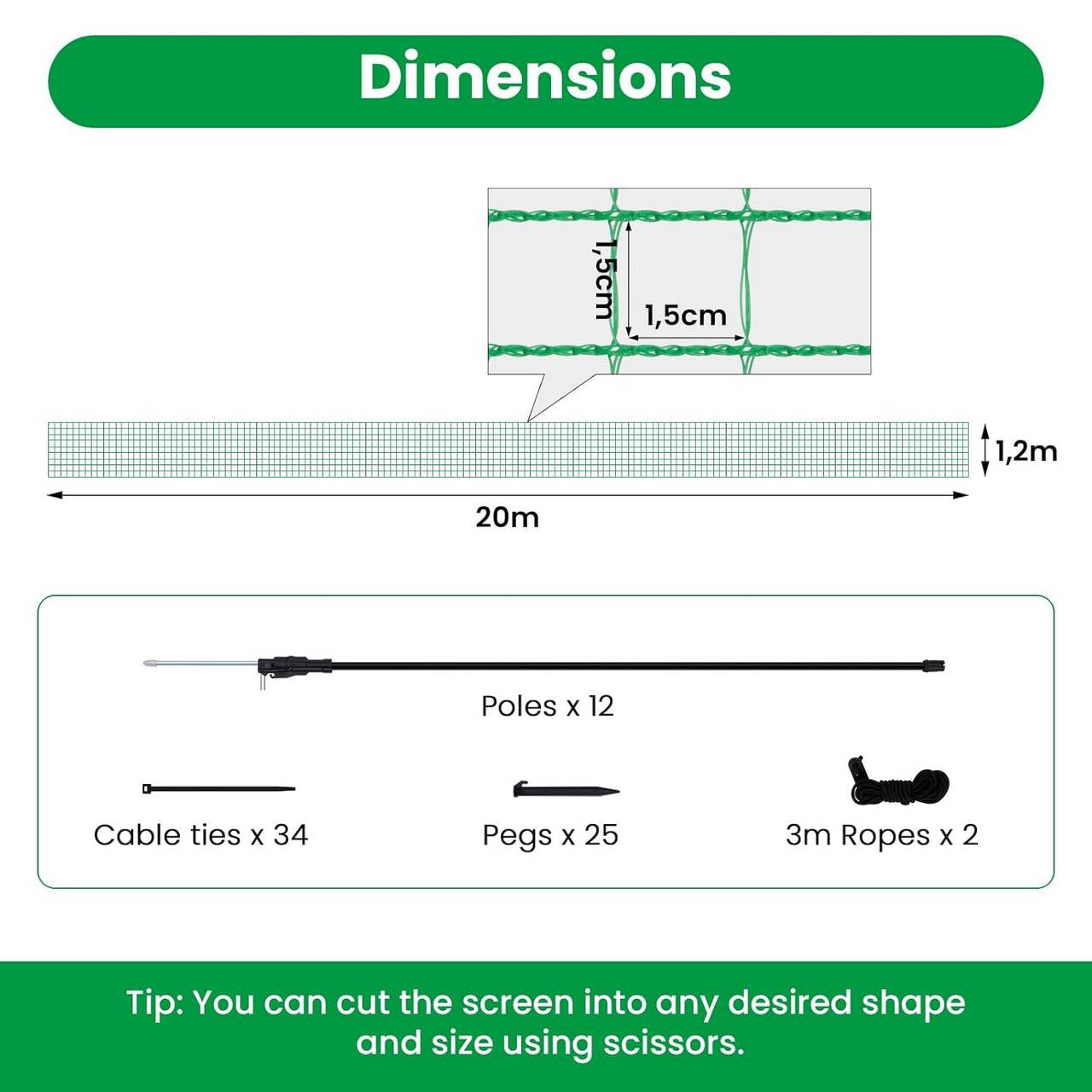 24goodz Garden Fence - Durable and UV-Resistant - 53 g/m² PE - Green - 20x1.2 m