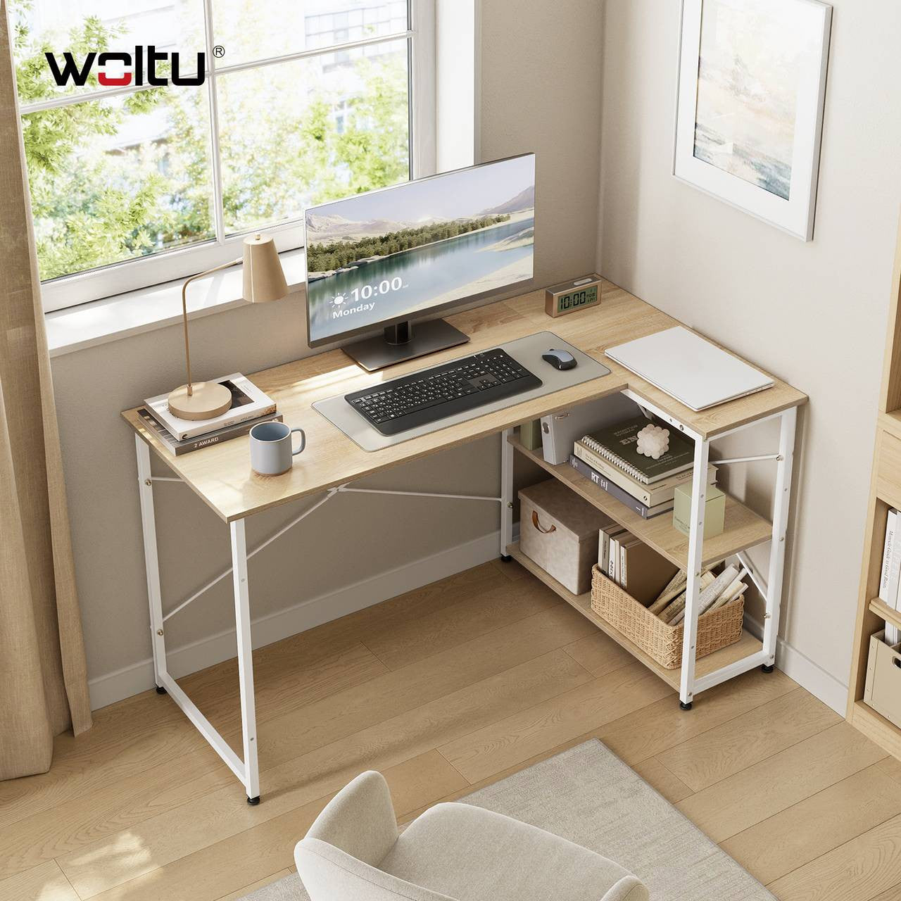 24goodz Office Desk - Stylish and Functional - MDF - For Home and Office - Light Oak + White - hei
