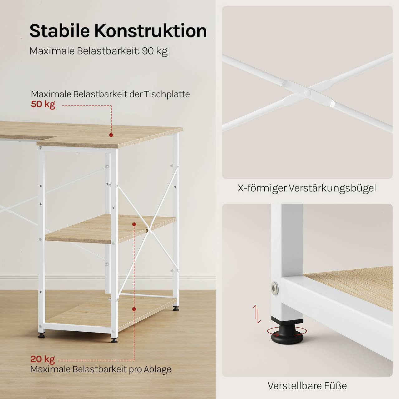 24goodz Office Desk - Stylish and Functional - MDF - For Home and Office - Light Oak + White - hei
