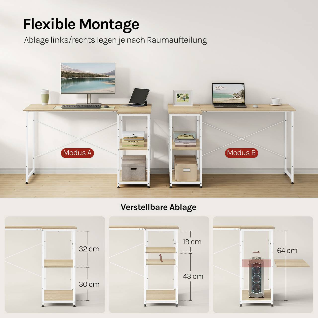 24goodz Office Desk - Stylish and Functional - MDF - For Home and Office - Light Oak + White - hei