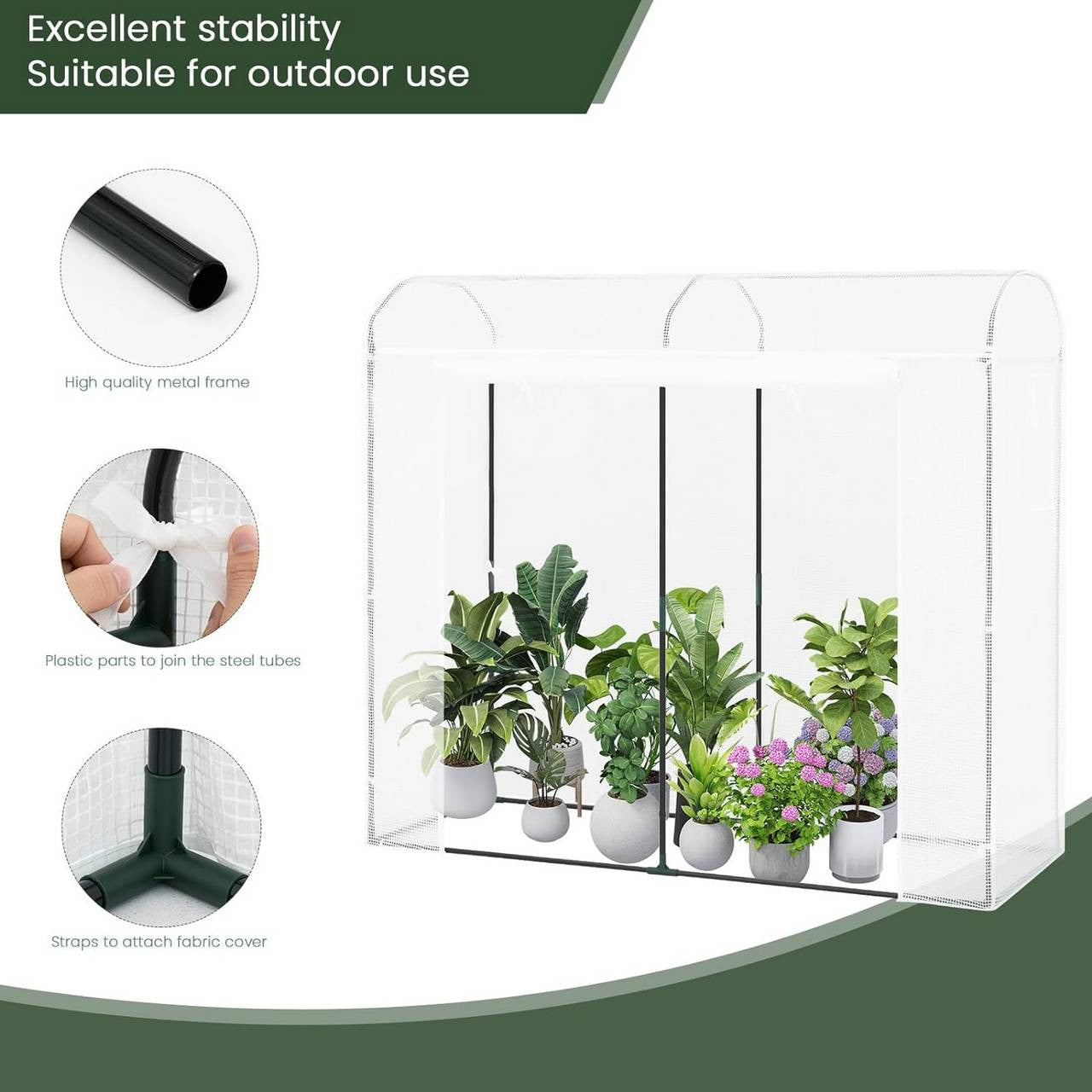 24goodz Greenhouse - Optimal Climate for Plants - Durable and Stable - Steel Pipe and PE - For Garden Enthusiasts - 170x68x200 cm - White