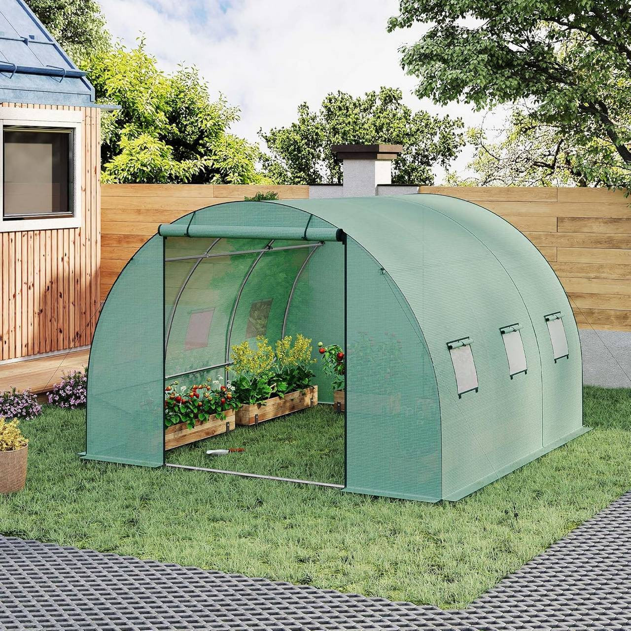 24goodz Greenhouse with Door and 6 Windows - Effective Plant Protection - Premium Quality - Steel and PE Mesh - For Garden Enthusiasts - 300 x 300 x 200 cm
