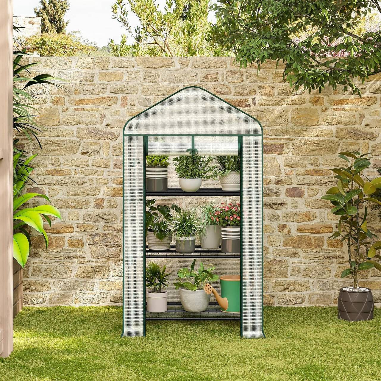 24goodz Mobile Greenhouse with 3 Shelves - Durable and Versatile - PE Mesh - For Plant Lovers - 70 x 130 x 50 cm - White