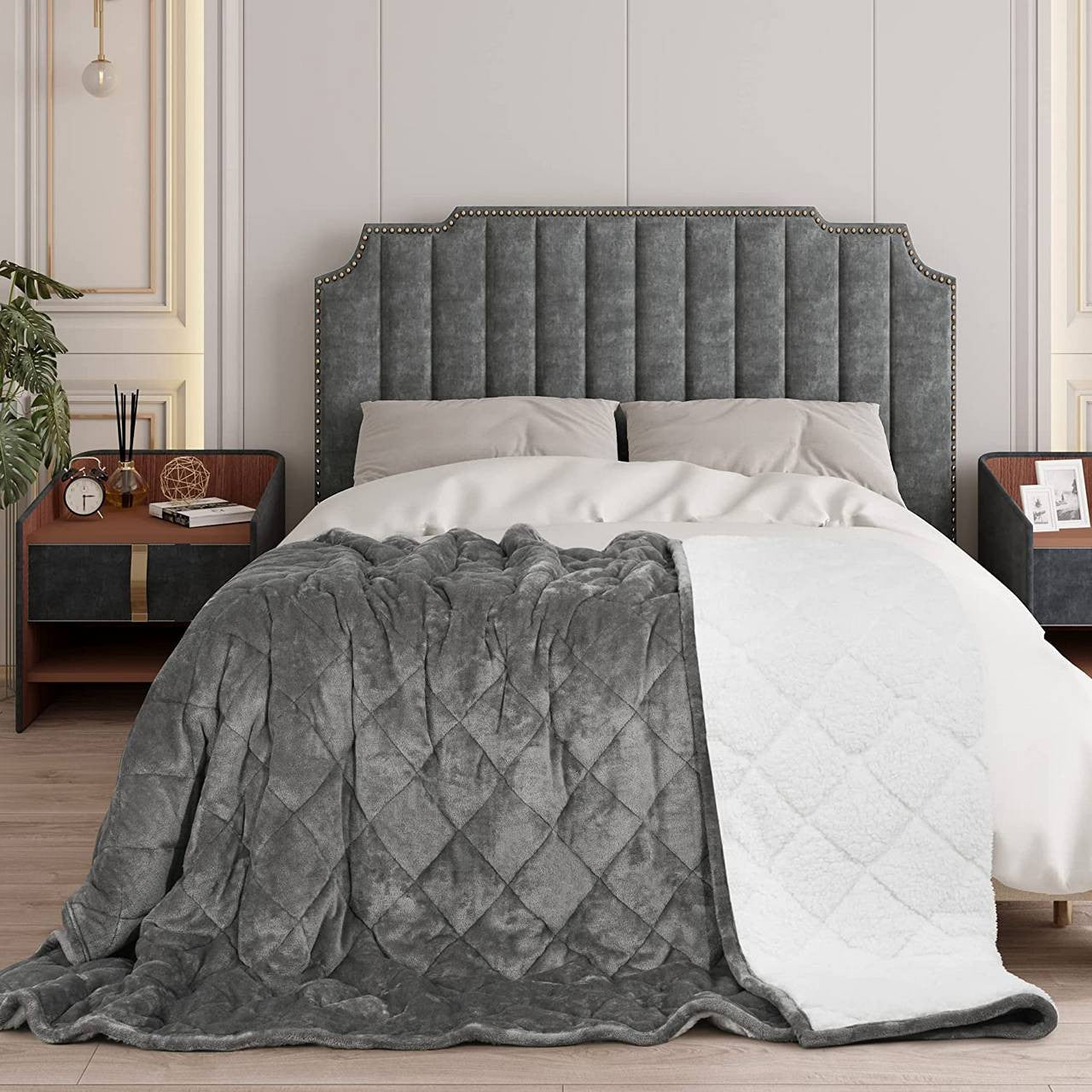 24goodz Weighted Therapy Blanket - Stress Relief & Sleep Aid - Flannel and Sherpa - For Adults - Grey