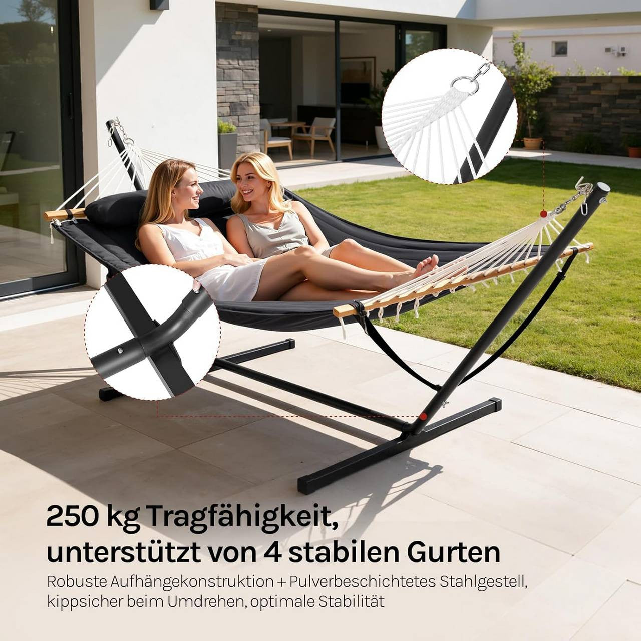 24goodz Hammock with Stand - Sturdy and Stable - Comfortable for Two - Metal + Polyester - Dark Grey