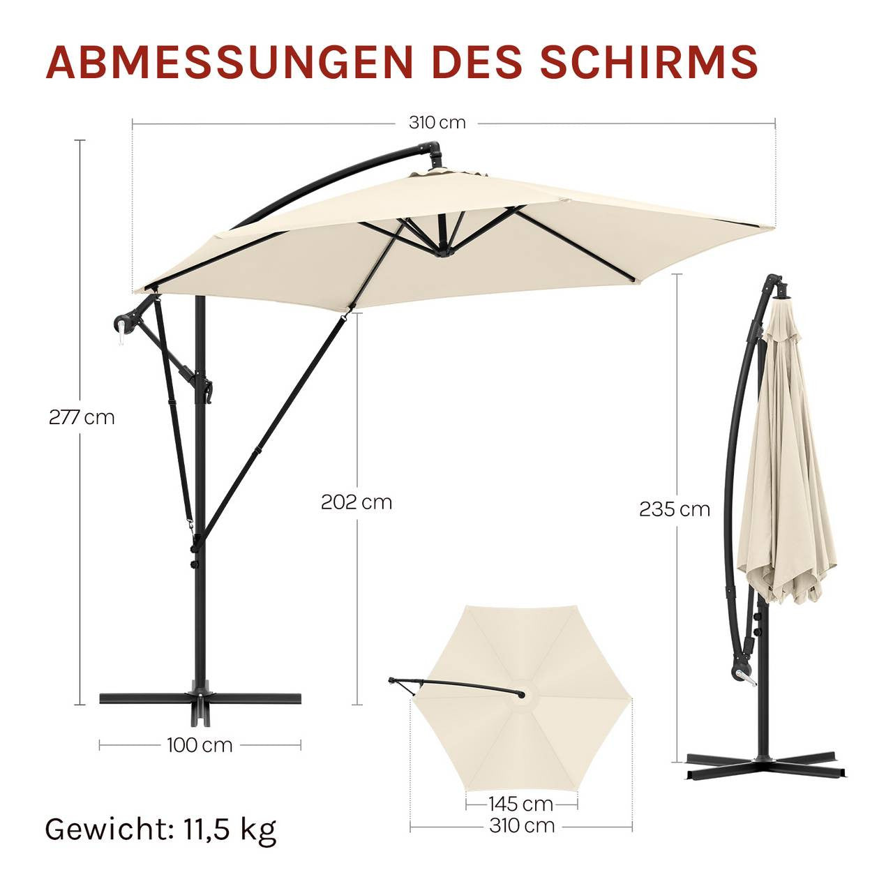 24goodz Hanging Garden Umbrella φ310cm - UV Protection - Adjustable Tilt - Metal and Polyester - Beige