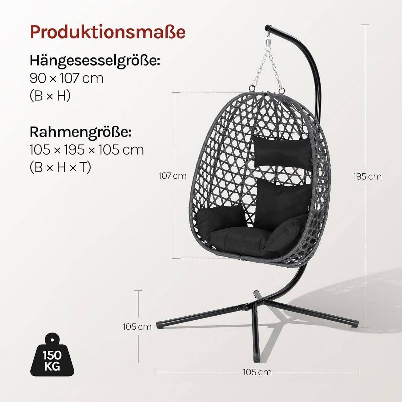 24goodz Hanging Chair with Frame - High Load Capacity - Adjustable Height - PE Rattan - For Indoor and Outdoor Use - Black/Grey