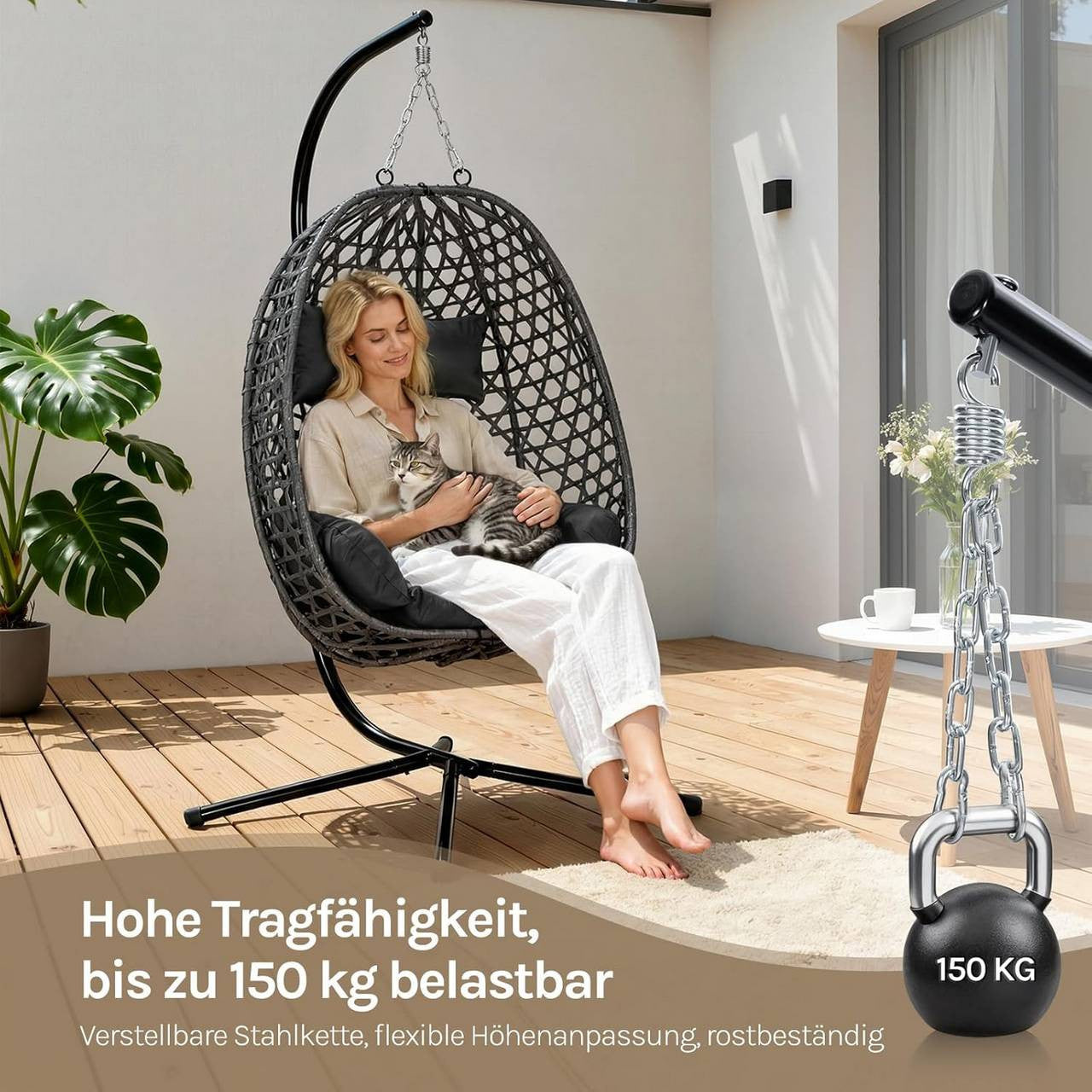 24goodz Hanging Chair with Frame - High Load Capacity - Adjustable Height - PE Rattan - For Indoor and Outdoor Use - Black/Grey