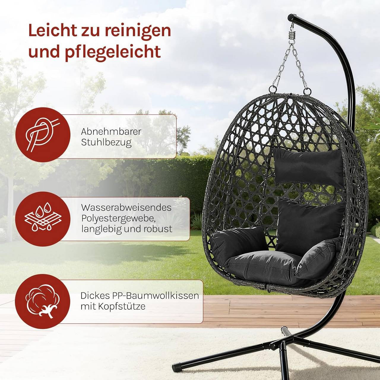 24goodz Hanging Chair with Frame - High Load Capacity - Adjustable Height - PE Rattan - For Indoor and Outdoor Use - Black/Grey