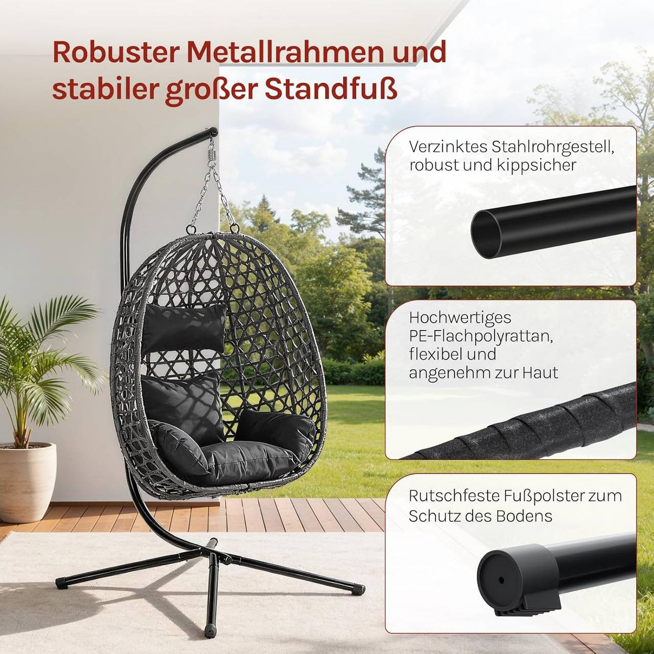 24goodz Hanging Chair with Frame - High Load Capacity - Adjustable Height - PE Rattan - For Indoor and Outdoor Use - Black/Grey