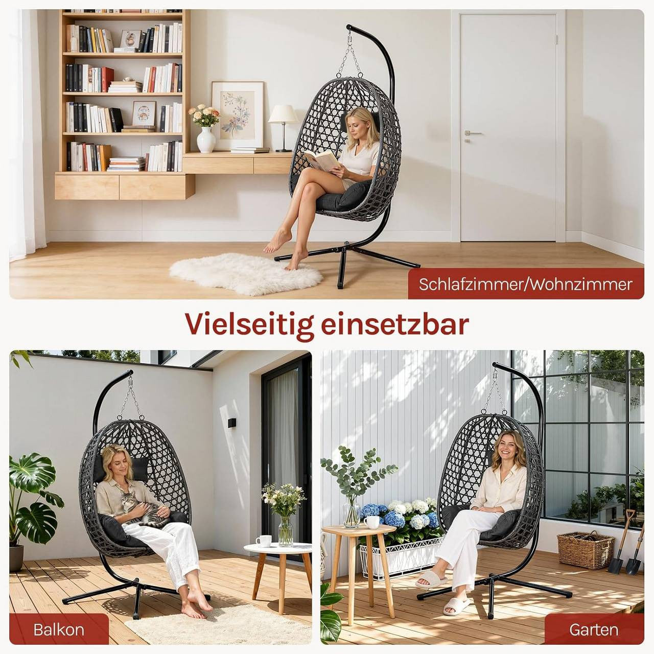 24goodz Hanging Chair with Frame - High Load Capacity - Adjustable Height - PE Rattan - For Indoor and Outdoor Use - Black/Grey
