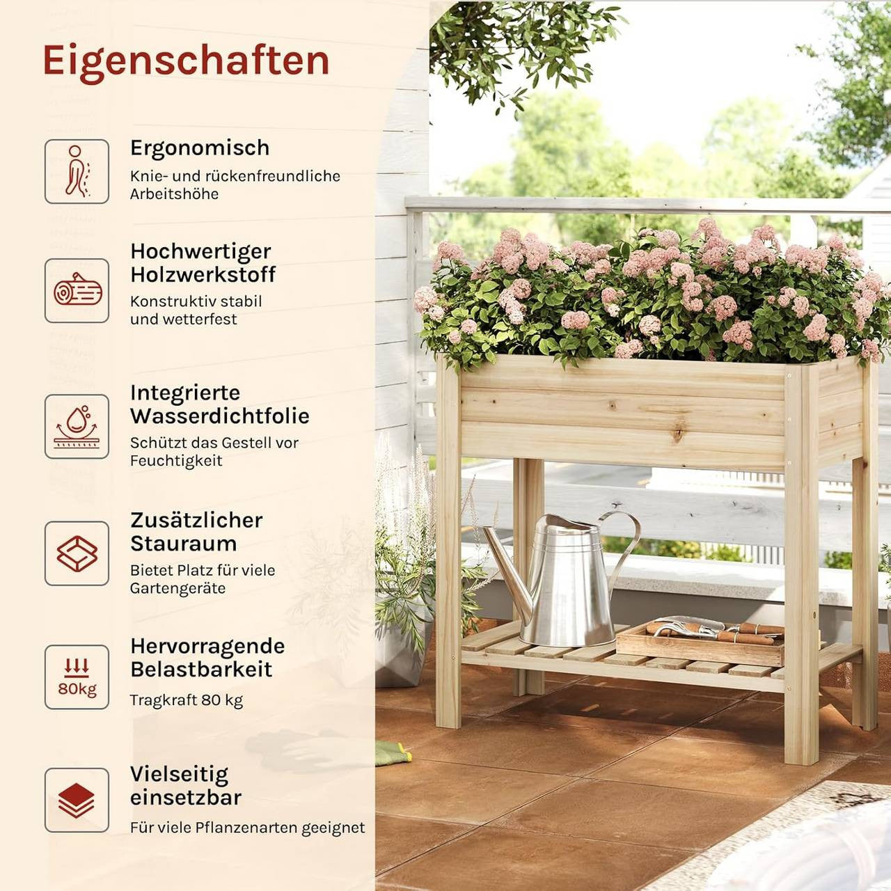 24goodz Raised Wooden Garden Bed - Weatherproof & Moisture Resistant - Pine Wood - For Garden Enthusiasts - Brown/Wood Colour - 80 x 75 x 40 cm