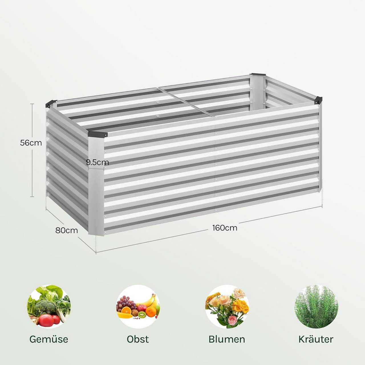 24goodz Raised Garden Bed - Durable Galvanized Steel - Ergonomic Design - 160 x 56 x 80 cm - Silver