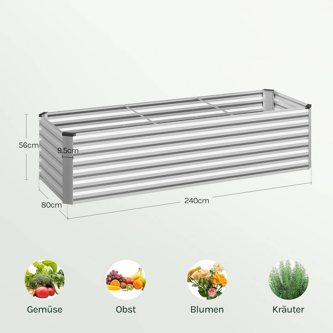 24goodz Raised Garden Bed - Durable Galvanized Steel - Ergonomic Design - Galvanized Steel - For Garden Lovers - 238 x 56 x 80 cm