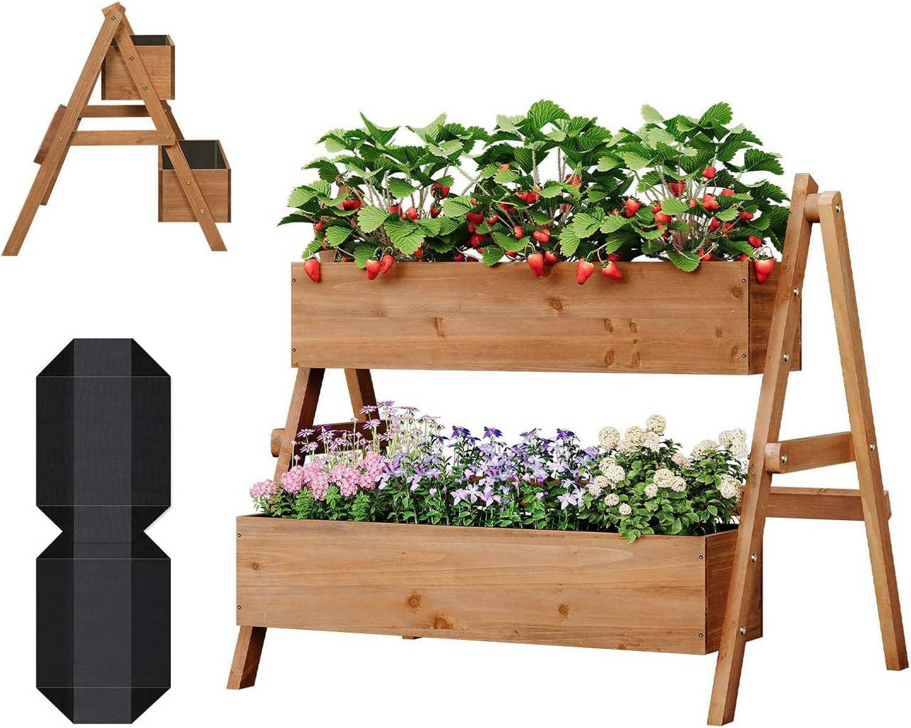 24goodz Raised Garden Bed with 2 Planter Boxes - Ergonomic Height for Easy Gardening - Solid Pine Wood - For Plant Lovers - Brown