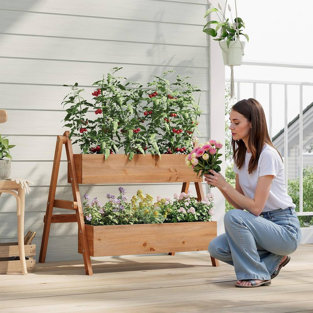 24goodz Raised Garden Bed with 2 Planter Boxes - Ergonomic Height for Easy Gardening - Solid Pine Wood - For Plant Lovers - Brown