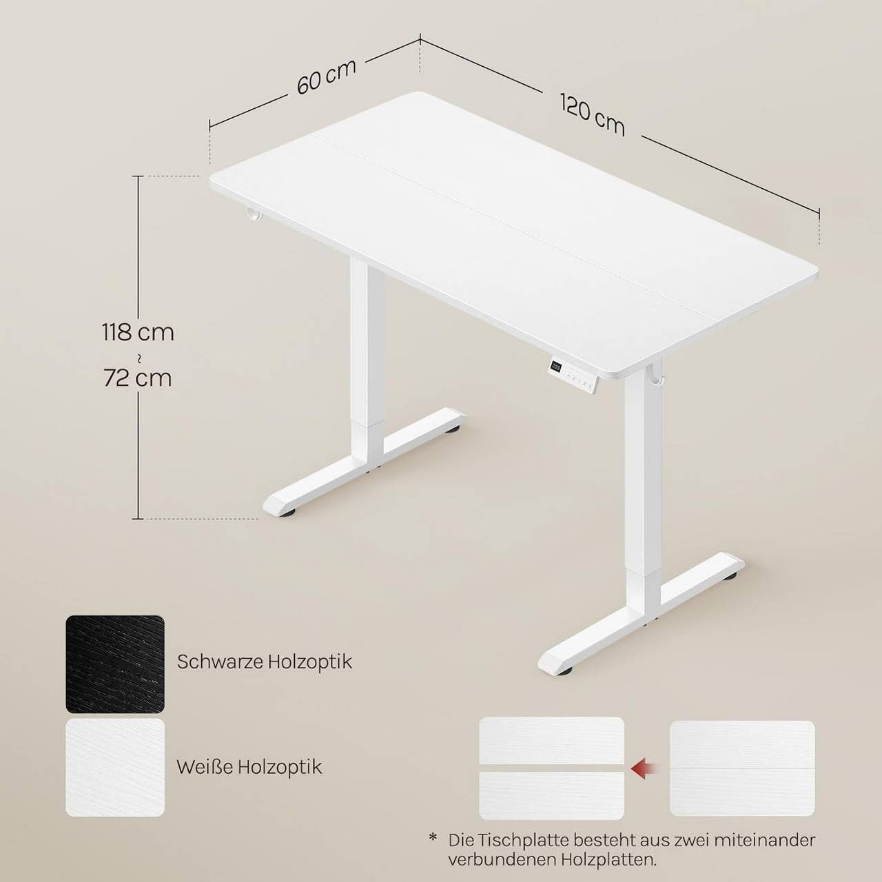 24goodz Height Adjustable Desk - Quiet Operation - Sturdy Steel Frame - White/Black - 120 x 60 cm - wsdc