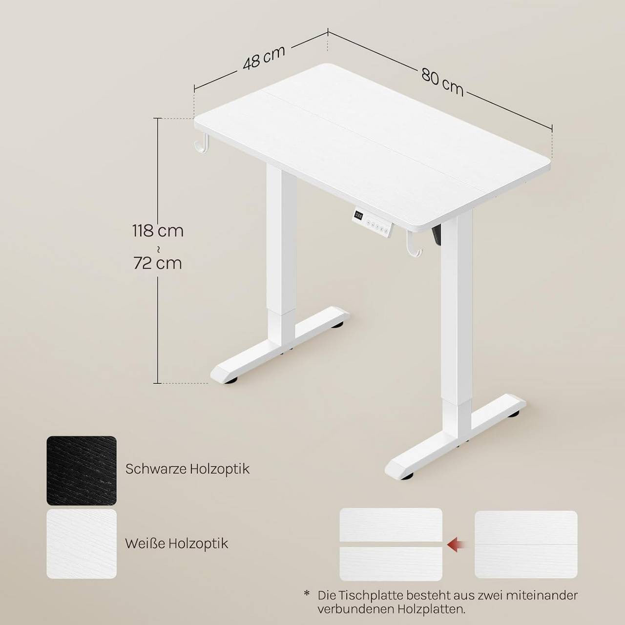 24goodz Height Adjustable Desk - Memory Function - Sturdy Steel Frame - For Home Offices - White/Black - 80 x 48 cm - wsdc