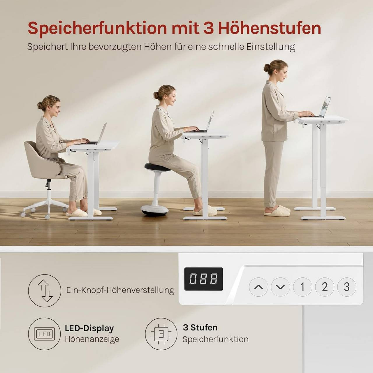 24goodz Height Adjustable Desk - Memory Function - Sturdy Steel Frame - For Home Offices - White/Black - 80 x 48 cm - wsdc