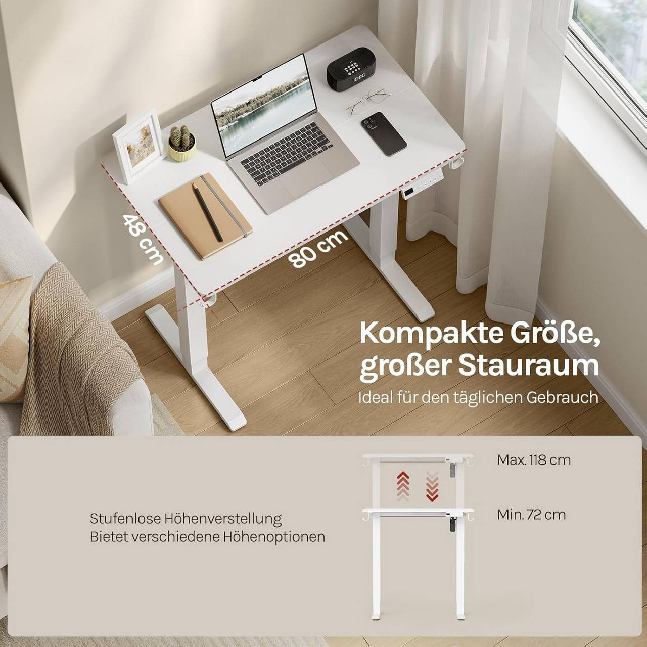 24goodz Height Adjustable Desk - Memory Function - Sturdy Steel Frame - For Home Offices - White/Black - 80 x 48 cm - wsdc