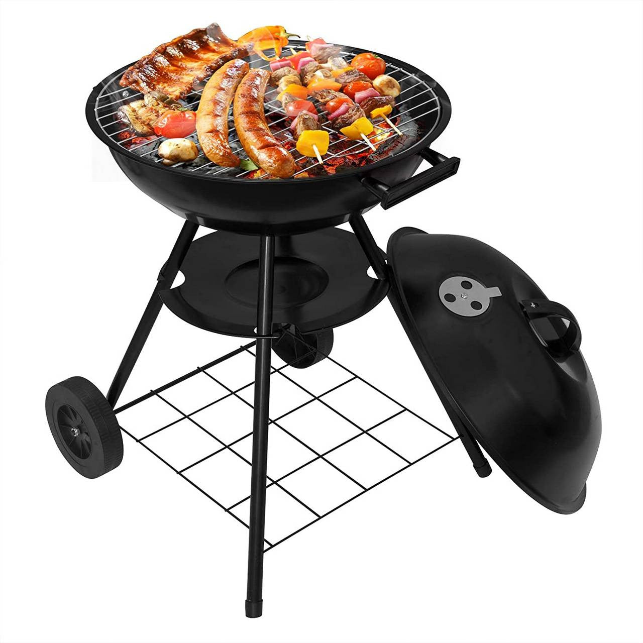 24goodz Charcoal Grill with Wheels - Mobile Design for Easy Transport - Metal and Plastic - For Outdoor Cooking Enthusiasts - 44 x 73 cm - Black - sz