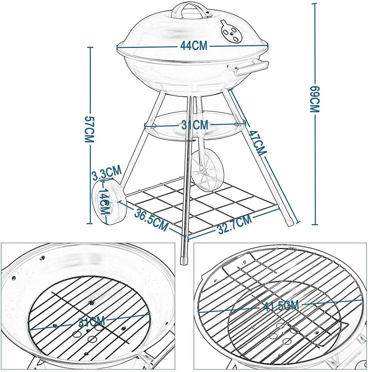 24goodz Charcoal Grill with Wheels - Mobile Design for Easy Transport - Metal and Plastic - For Outdoor Cooking Enthusiasts - 44 x 73 cm - Black - sz