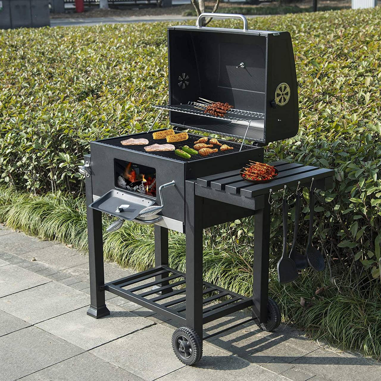 24goodz Charcoal Grill with Lid - Mobile Design for Easy Transport - Steel - For BBQ Lovers - Black - sz