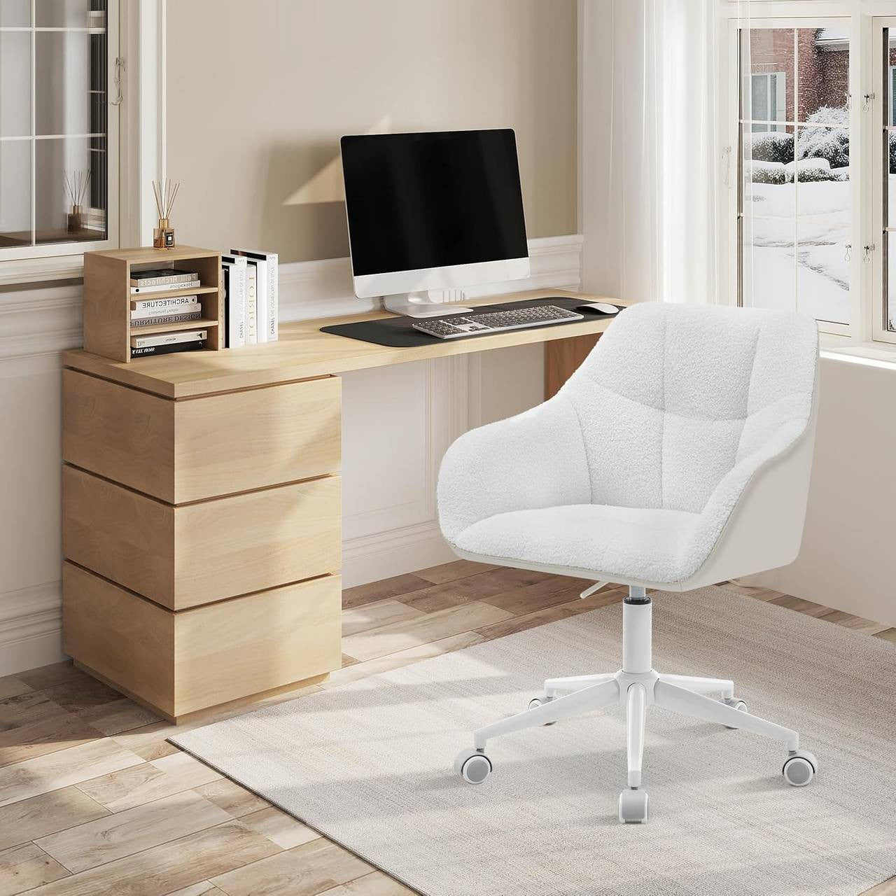 24goodz Ergonomic Office Chair - Stylish & Versatile - Bouclé Fabric - For Home and Office - Cream + Beige