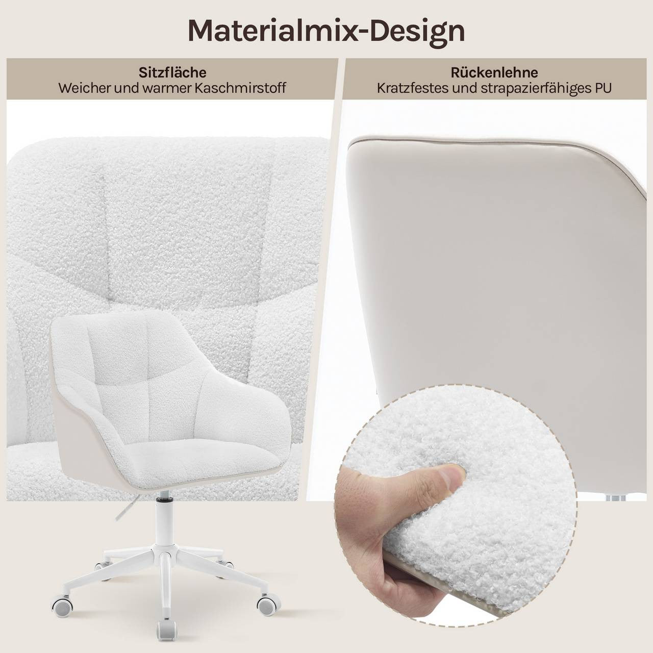 24goodz Ergonomic Office Chair - Stylish & Versatile - Bouclé Fabric - For Home and Office - Cream + Beige