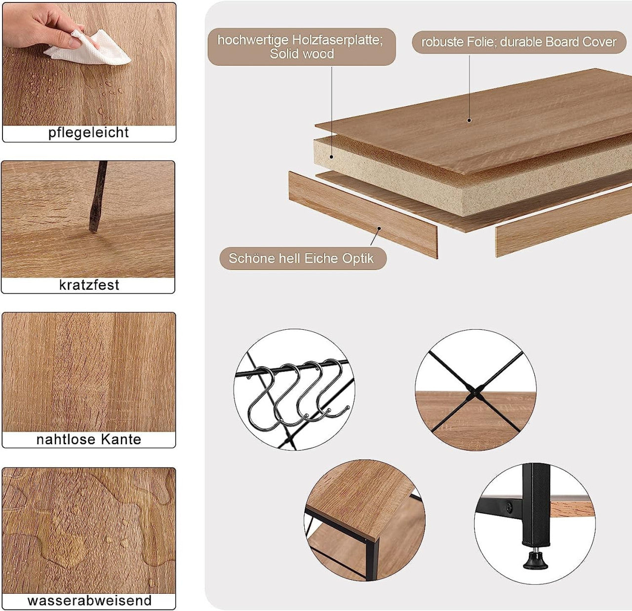 24goodz Kitchen Shelf - Stylish Design - Easy to Clean - MDF and Steel - Black + Light Oak - hei