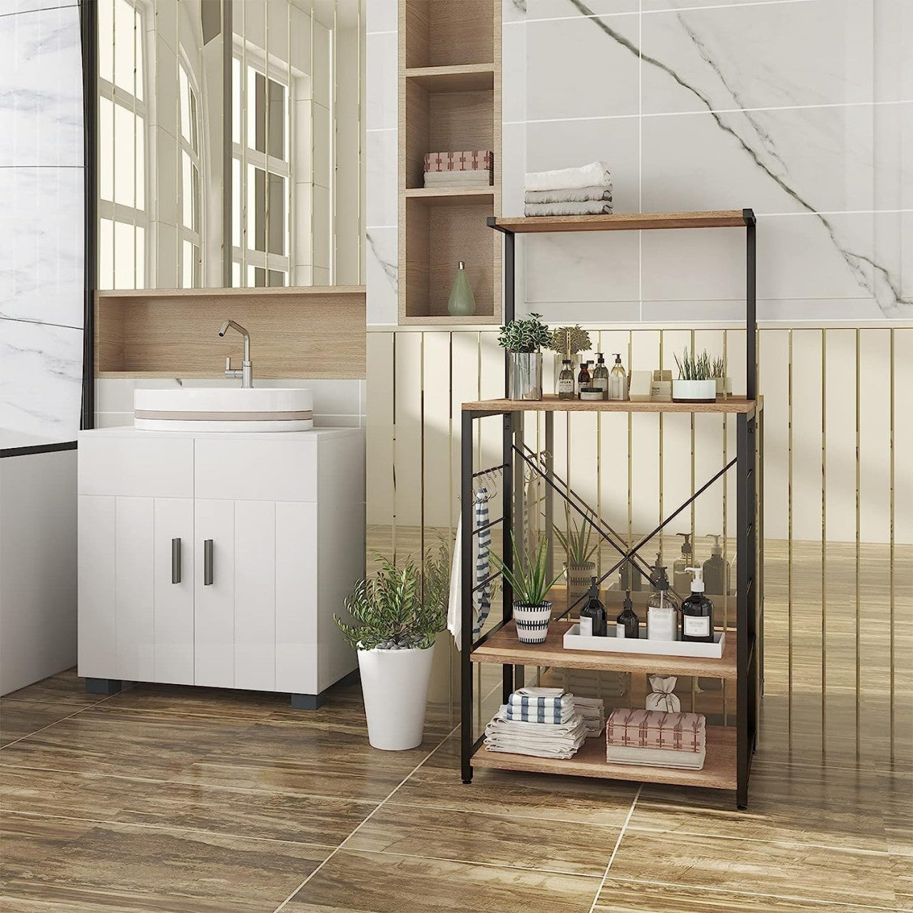 24goodz Kitchen Shelf - Stylish Design - Easy to Clean - MDF and Steel - Black + Light Oak - hei