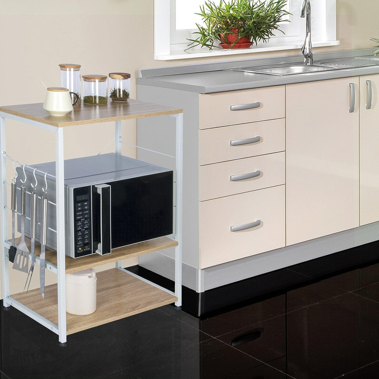 24goodz Kitchen Shelf - Stylish and Practical Design - Sturdy Steel Frame - Wood and Metal - For Home Organization - Light Oak - hei