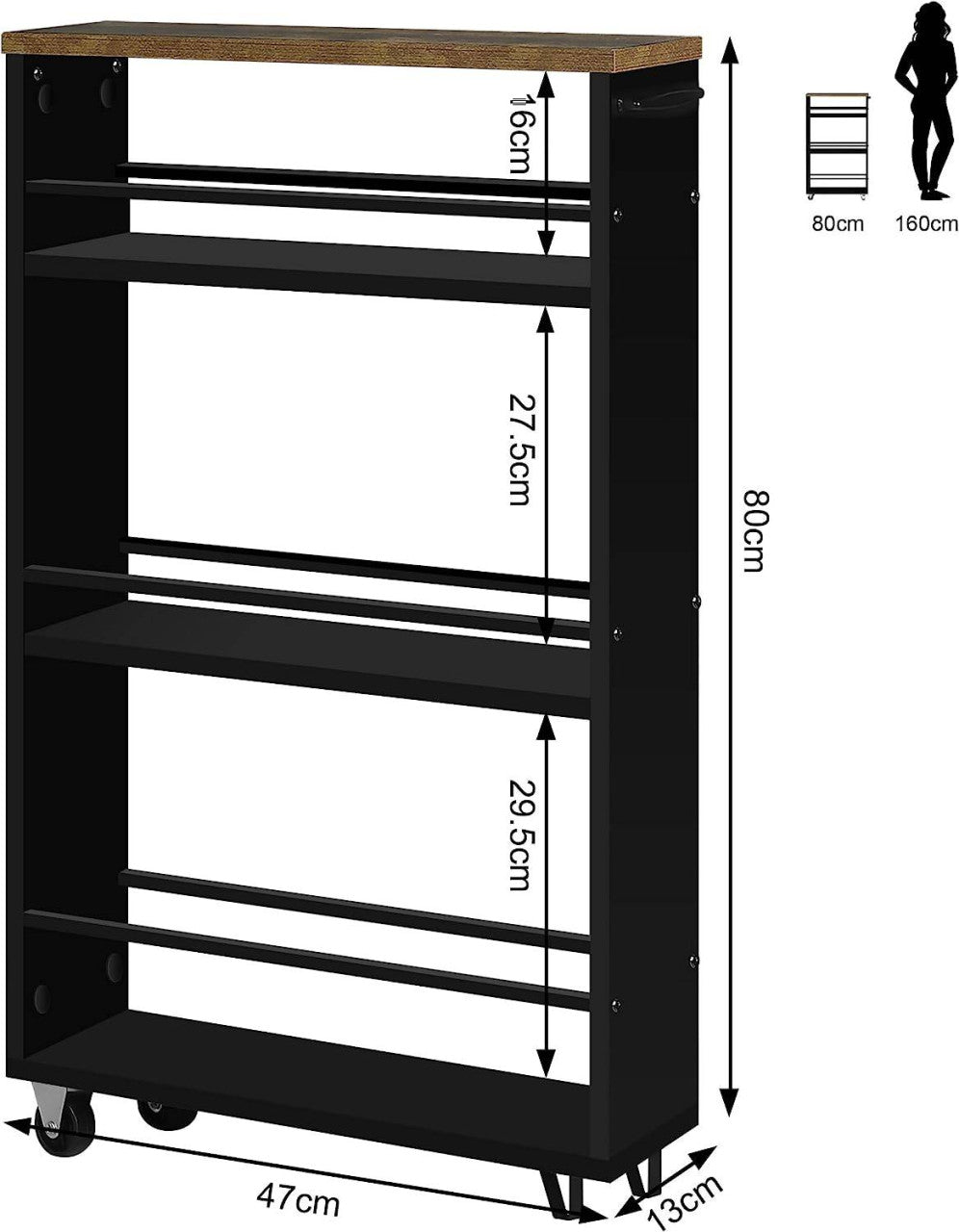 24goodz 3-Tier Serving Cart - Space-Saving Design - Durable E1 Material - For Home & Office - Vintage Brown + Black - rbs