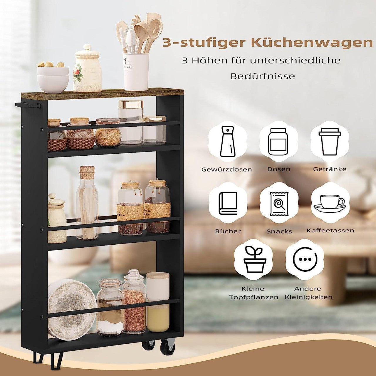 24goodz 3-Tier Serving Cart - Space-Saving Design - Durable E1 Material - For Home & Office - Vintage Brown + Black - rbs
